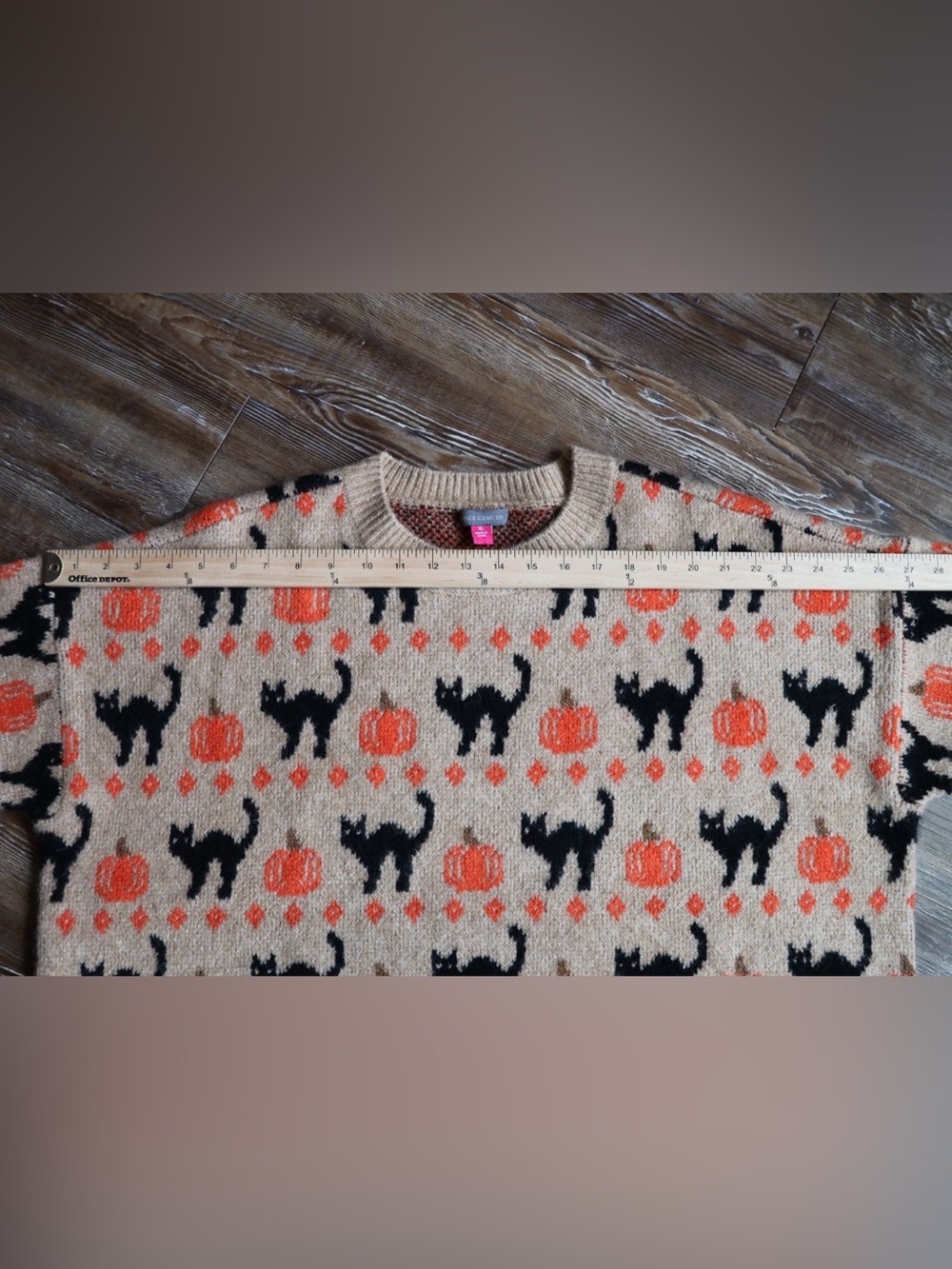 Spooky Tan Black Cat Orange Pumpkin Halloween Sweater Soft Knit Slouchy XL - Picture 13 of 16